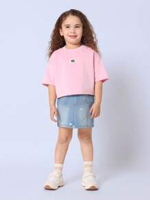 SUMWON 弹性腰部牛仔迷你裙，带有心形和花卉图案刺绣细节，儿童休闲装，四季时尚女童日常裙子 - 淺藍色 - 查看 2