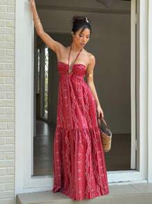 Sunnyshic 度假图案印花露背挂脖连衣裙