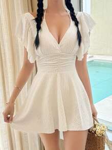 DAZY Women's Solid Color Textured Ruffle Trim Waist Shaping Swim Dress, Summer Beach Vacation - Apricot - View 1