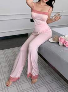 蕾丝拼接吊带上衣和长裤女士睡衣套装