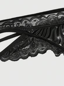 ROMWE Grunge Punk 1pc Goth Punk Style PU Leather Lace Triangle Brief Panty - Black - View 4