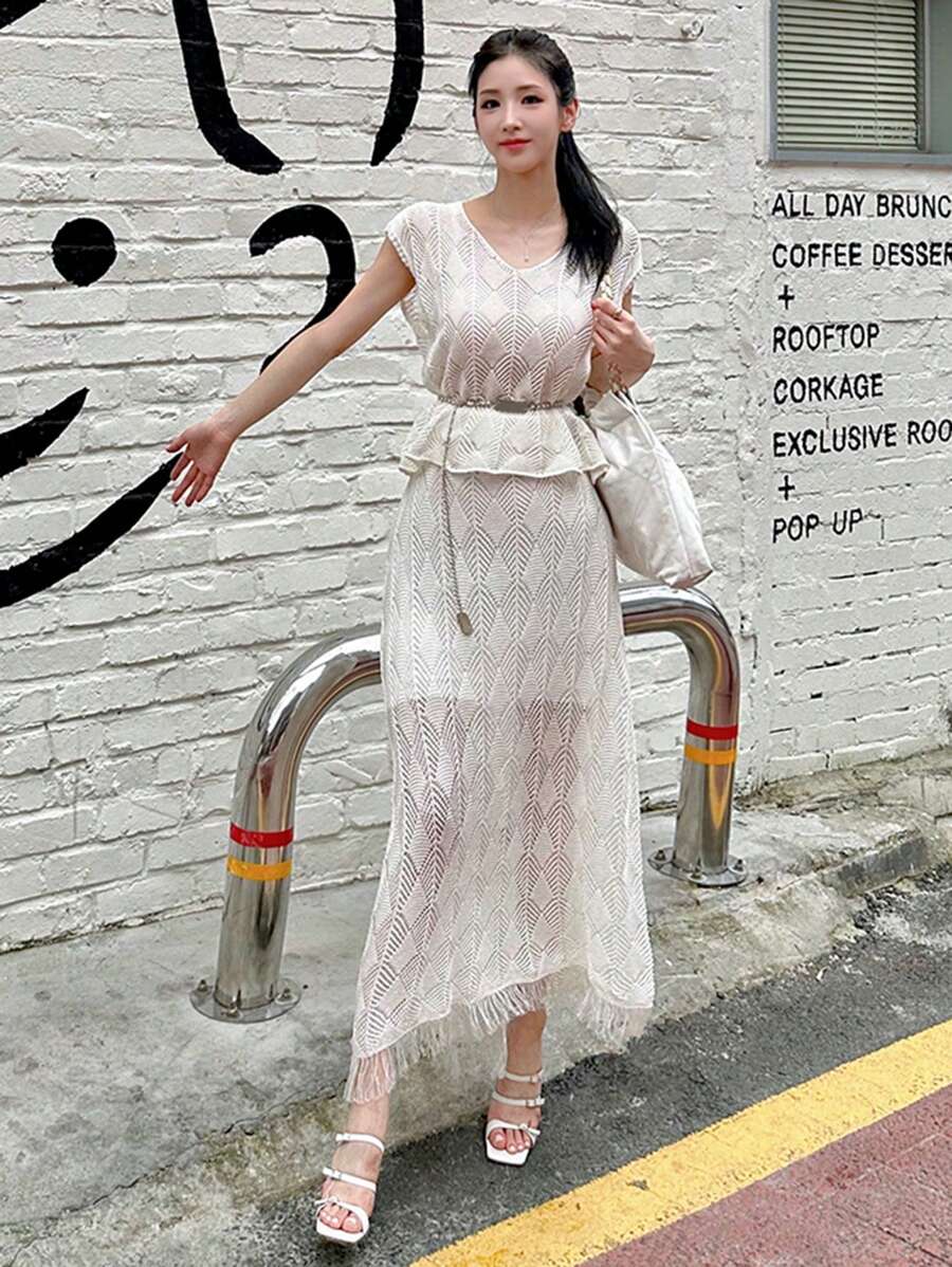 DAZY 2-teiliges Set aus Strickoberteil und Rock für Damen, Unifarben, Cut Out