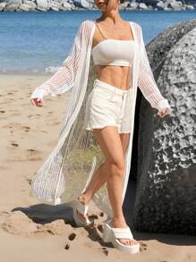 SHEIN EZwear Beach Women Outfits Women Sweaters Casual Solid Color Hollow Knitted Lightweight Cardigan - White - View 1