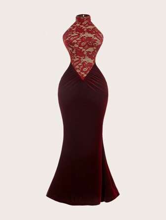 SHEIN Unity 女士超长紧身连衣裙，肉色内衬和黑色蕾丝拼布天鹅绒美人鱼下摆性感节日连衣裙，适合新年前夜