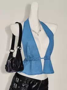 SHEIN ICON Women's Halter Backless Tie-Up Denim Blouse - Light Wash - View 1