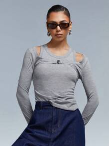Athîral 1pc Women's Solid Color Long Sleeve Simple Casual T-Shirt For Everyday Wear