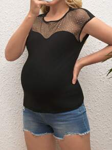 SHEIN Sheer Mesh Rhinestone Trim Fitted Maternity T-Shirt - Black - View 2