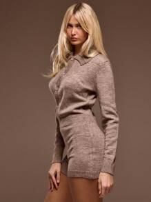 MUSERA Marl Rib Knit Button Down Collared Long Sleeve Hotpant Playsuit Spring Summer Cute