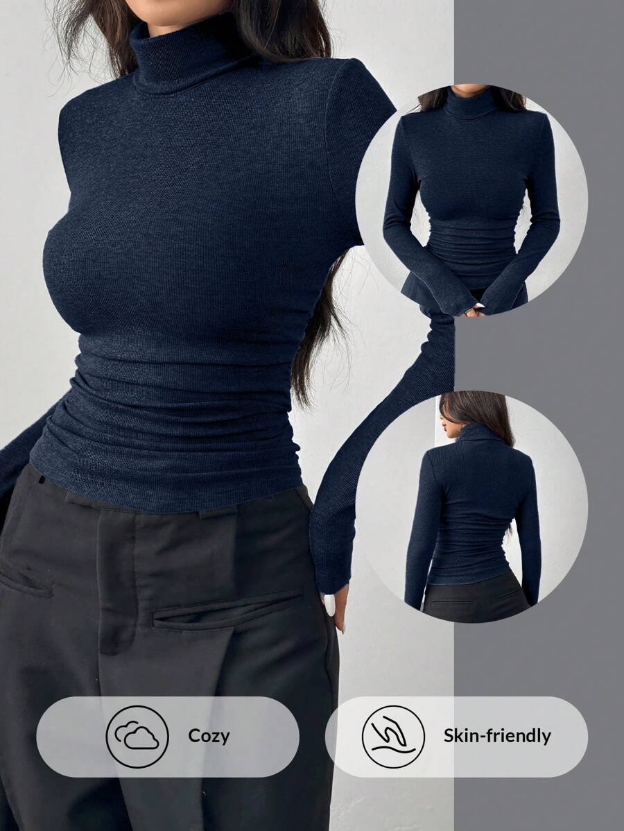 SHEIN EZwear 海军蓝加大码女式高腰长袖褶皱修身T恤 - 藏蓝色 - 查看 1