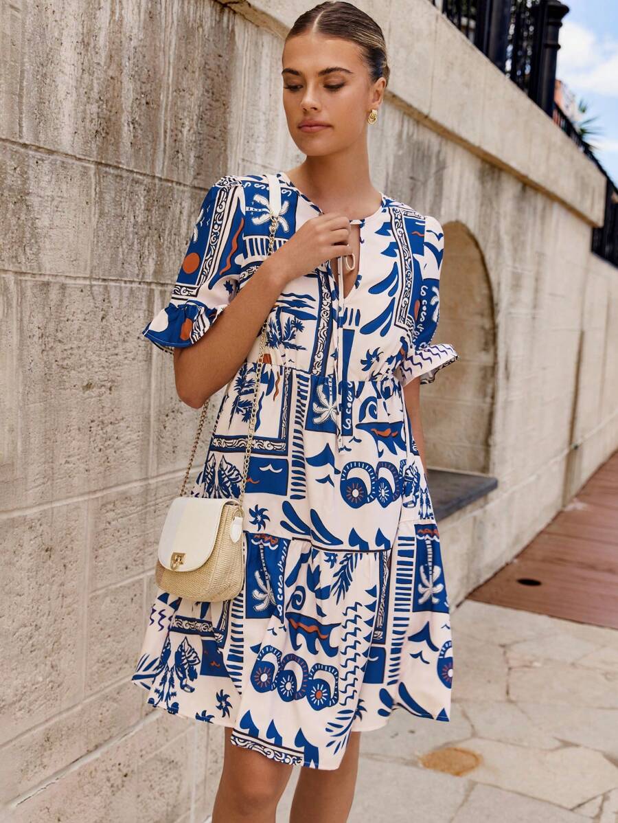 Breezaya Tropical Print Ruffle Sleeve Vacation Style Dress For Women