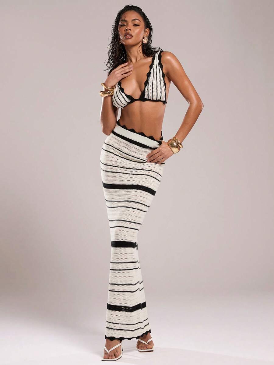 SHEIN BAE Women's Striped Long Knit Skirt, Autumn/Winter - Black and White - View 1