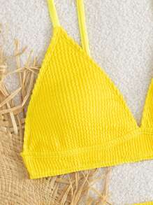 Ensemble de bikini à couleur unie texturé pour jeunes filles - Jaune citron - Voir 3