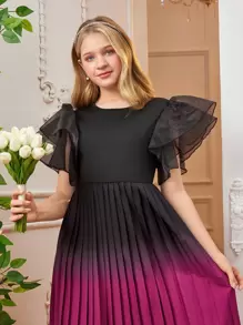 Váy xếp ly màu tím xếp ly organza cho bé gái tuổi teen có tay xòe ấn tượng, phong cách cổ điển thanh lịch, mùa xuân/hè, ngày lễ, mùa hè, du lịch - Nhiều màu - Xem 5