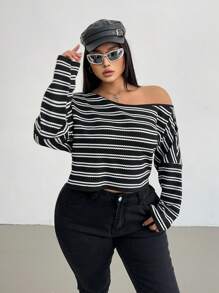 POPSWAY Plus Size Women's Black And White Striped Waffle Oblique Shoulder Long Sleeve Tee,Autumn Smart Casual Everyday Graphic T-Shirt Top For Spring Fall - Black and White - View 3