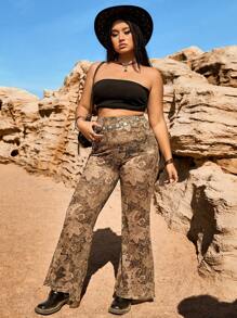 SHEIN EZwear Plus Size Retro Bohemian Music Festival Netted Flared Pants - Khaki - View 3