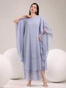 Al Najma 女士飘逸优雅浅蓝色闪光面料蝙蝠袖土耳其和阿拉伯传统长款夏季婚礼宾客礼服 - 藍色 - 查看 7