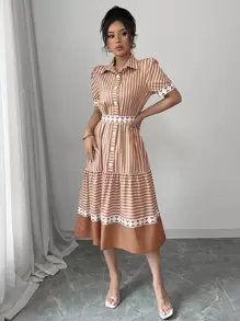 Elenzga 女式休闲优雅波西米亚风格条纹印花领带蝴蝶结连衣裙 - 卡其色 - 查看 5