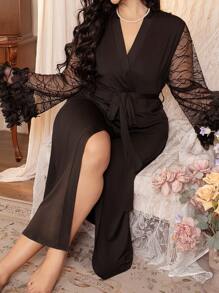 Plus Size Long Floral Lace Trim Mesh Insert Robe - Black - View 6