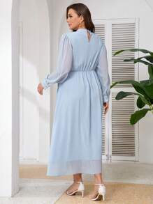 SHEIN Frenchy Plus Size Women's Long Sleeve Elegant Dress,Sky Blue Stand Collar Side Knot Pastel Spring Autumn Solid Color Wedding Bridal Dress - Blue - View 6