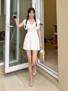 DAZY Women's Solid Color Textured Ruffle Trim Waist Shaping Swim Dress, Summer Beach Vacation - Apricot - View 8