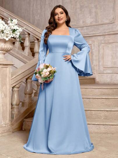 SHEIN Belle 大码优雅香芋紫喇叭袖伴娘礼服