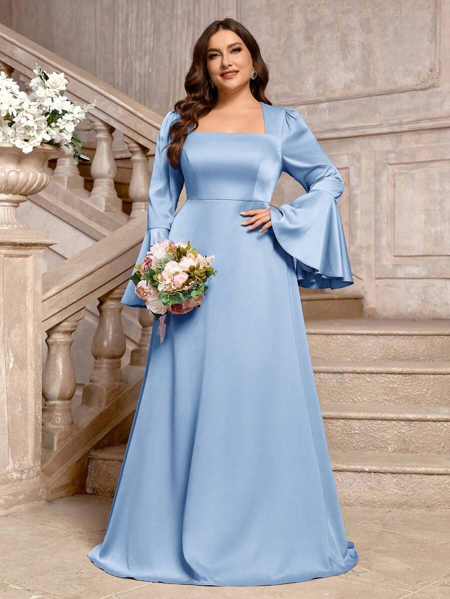 SHEIN Belle Váy phù dâu tay loe màu tím Taro thanh lịch cỡ lớn - Màu xanh nhạt - Xem 1