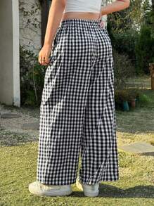 SHEIN EZwear 大码女式休闲宽松黑白格纹阔腿裤 - 黑與白 - 查看 2