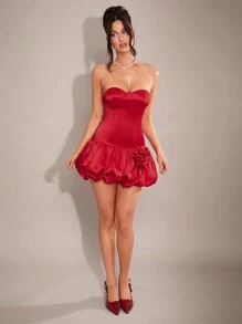 SHEIN BAE Women's Red Summer 70's Party Dress, Date Night Bustier Style Backless Tie Fitted Floral Hem Elegant Lady Dress,Formal Bridesmaid Gathering - Red - View 5