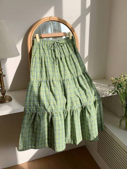 Comfortcana Chân váy chữ A kẻ caro xanh lá cây cỡ lớn, thích hợp cho kỳ nghỉ xuân/hè.