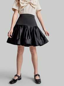 Maija Kids Maija Kids Black Satin Tween Girl Flared Skirt With Elevated Ruched Design, Elegant & Versatile For Outgoing, Spring/Summer - Black - View 1