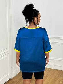 SHEIN EZwear Plus Size Summer Jersey Top, Loose Fit Sports Colorblock Letter Print T-Shirt