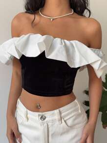 SHEIN EZwear Top corto elegante de mujer con hombros descubiertos, volantes y contraste de colores