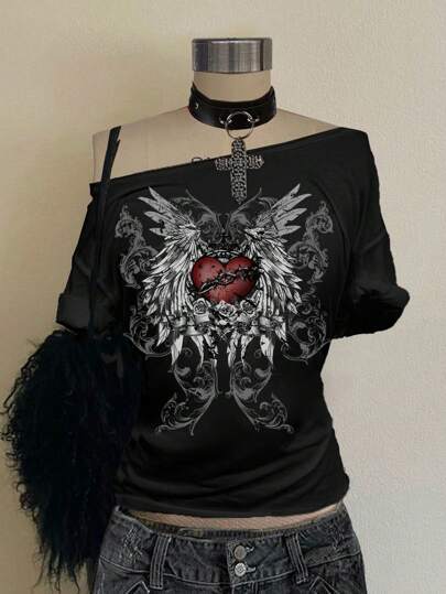 Attitoon 女式休闲朋克宽松 T 恤，带有深红色爱心和翅膀图案，适合夏季