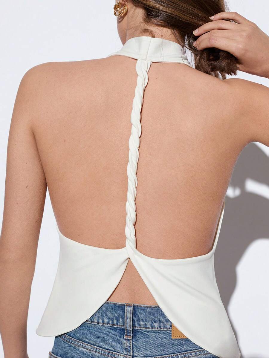 Maija Blusa elegante y sexy de punto de cable con espalda abierta para mujer, apropiada para primavera/verano, casual, romántica, para ciudad y vacaciones, adecuada para Pascua, reuniones y bodas