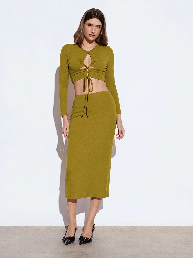 SHEIN Maija Urban Chic Wiosna/Lato 2-częściowy strój, seksowny żółto-zielony damski komplet ze ściągaczem w talii, odpowiedni na co dzień, romantyczne wakacje, wyjścia, gości weselnych, łączenie, walentynki