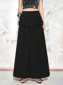 SHEIN LUNE Women's Loose Drawstring Pocket Wide Leg Casual Wraparound Pants Cargo Pants For Spring & Summer Fall Cloth For Women - Black - View 3