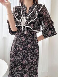FRIFUL Women's Maxi Floral Romantic Dress, Holiday Style, Spring/Fall Long Sleeve Dress Boho Vacation Outfits Women - Black - View 7