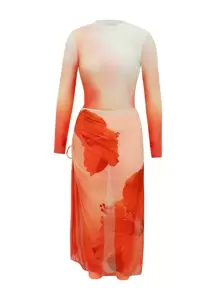 Swim Shayni 女士 3 件套泳衣套装，夏季度假扎染渐变印花长袖短款上衣、长袖短裤和花卉网布沙滩裙，保守的海滩度假装