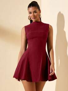 SHEIN BAE Robe évasée élégante sans manches marron unicolore, robe élégante simple à col rond sans manches, robe de bureau polyvalente décontractée, adaptée à l'automne, l'hiver et le printemps, convient pour le bureau, les déplacements, Noël, et le port quotidien