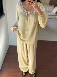 DAZY Lightweight Satin & Lace Patchwork Lantern Sleeve Ladies Pajama Set - Yellow - View 3