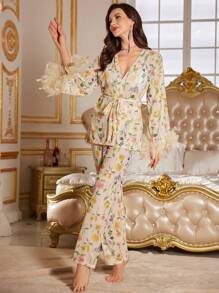 Slumberist 2pcs/Set Floral Print Mesh Robe With Feather Decor Bell Sleeves Top & Long Pants Pajamas - Apricot - View 6