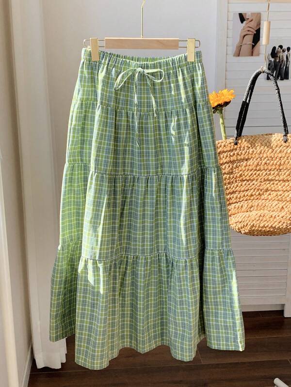 Comfortcana Plus Size Layered Green Plaid Mid-Length Casual A-Line Skirt, Summer Vacation