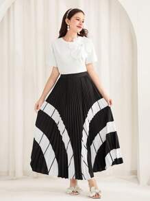 SHEIN Teen Girl Elegant Elegant Daily Commute Business Black & White Pattern Pleated A-Line Skirt For Summer,Parties,Music Festival,Graduation Season,Commute,On Vacation,Elegant,Homecoming,Summer Vacation - Black and White - View 4