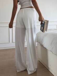 Muchica Women's Drawstring Waist White Textured Casual Loose Pants, Summer - White - View 2