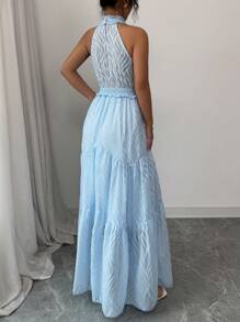 Elenzga 1 件女士优雅纹理雪纺提花提花连衣裙，浪漫风格 - 淺藍色 - 查看 2