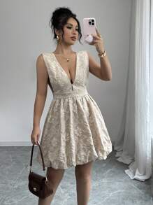 SHEIN Unity Women Elegant Solid Color Jacquard Sleeveless Short Casual Dress - Apricot - View 3