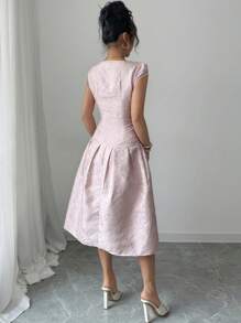 Elenzga 女式 2025 新款提花面料休闲中长连衣裙，优雅设计 - 粉色 - 查看 2