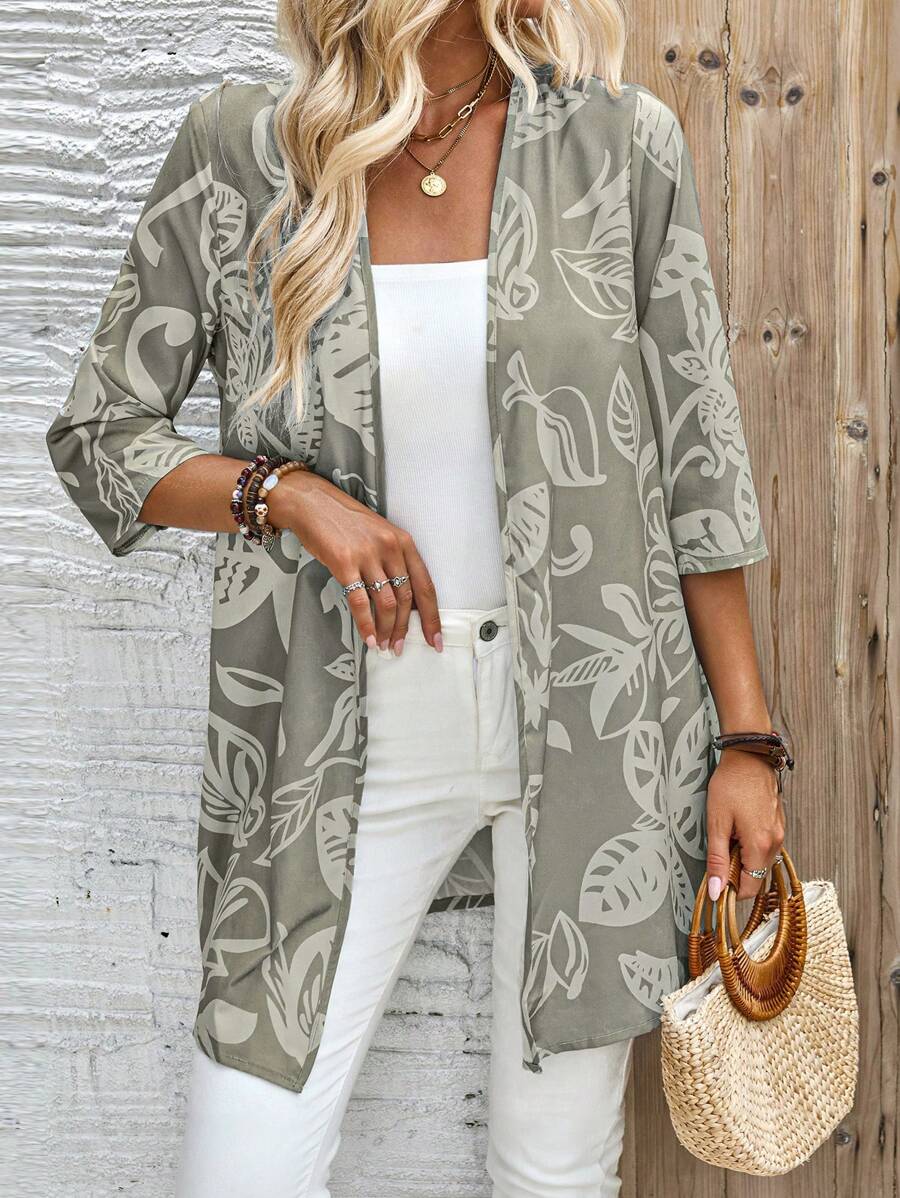 EMERY ROSE Chaqueta verde estilo boho con mangas 3/4 con estampado para mujer de talla grande para primavera y verano, cárdigan para mujer, vacaciones, Día de San Patricio, decoración navideña verde, Día de San Patricio