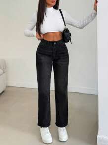 EURMUSE High Waist Casual Washed Straight Leg Jeans - Black - View 6