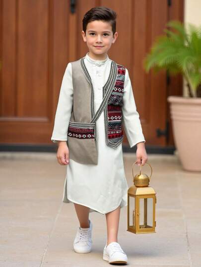 2pcs Young Boy Set: Casual Long Sleeve Dress & Vest, Minimalist Fashion For Daily Wear